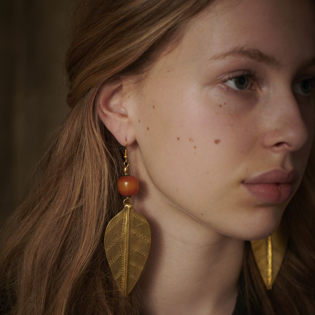Large brass Turkana earrings with African amber copal beads